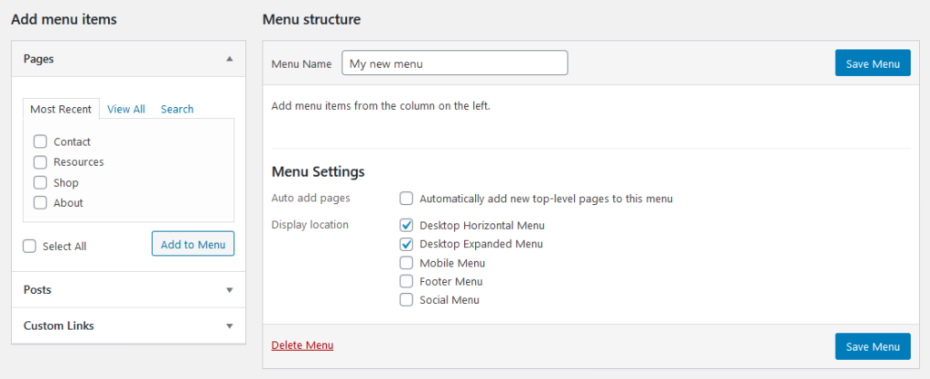 create wordpress navigation menu