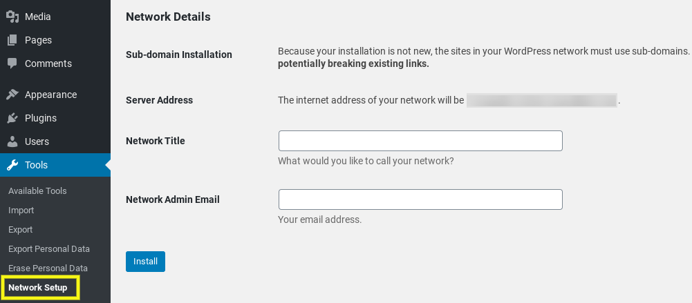 The 'Network Setup' page for WordPress Multisite.