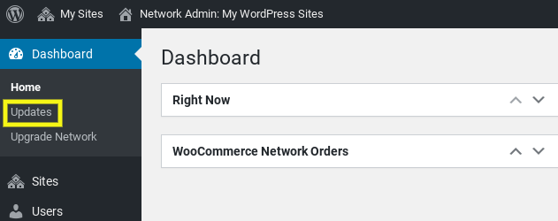 The 'Updates' item in a WooCommerce Multisite network dashboard.