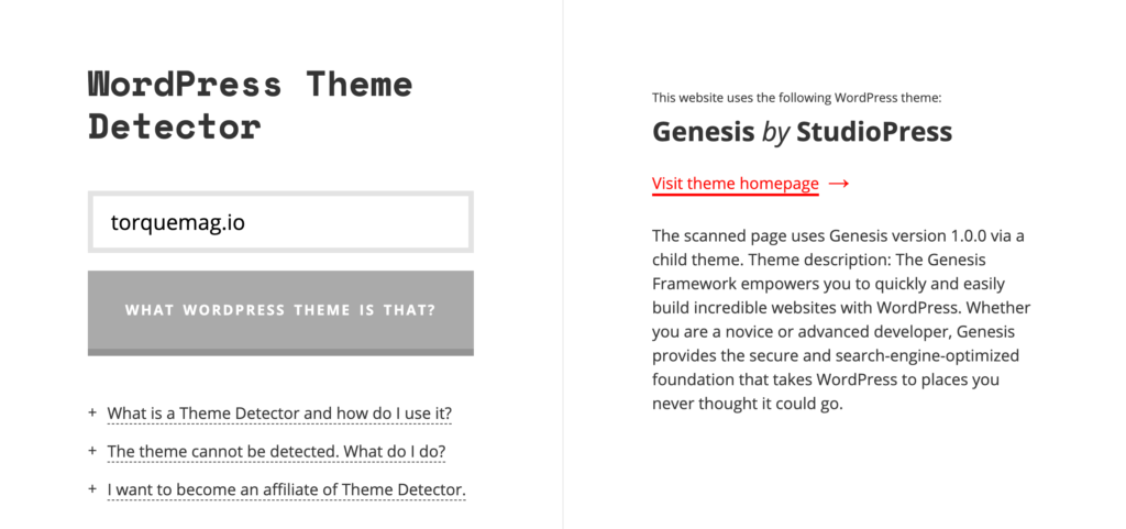 How To Find Out What Theme A Website Is Using: Results for Torque in the Satori Theme Detector.