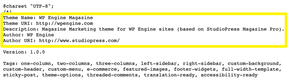 How To Find Out What Theme A Website Is Using: Torque's stylesheet with theme information highlighted.