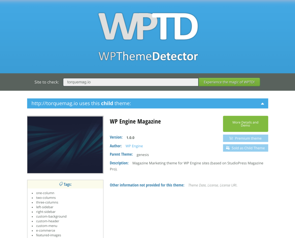 How To Find Out What Theme A Website Is Using: Results for Torque in WPTD.