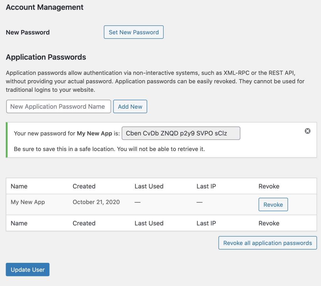 create application passwords in wordpress user profile