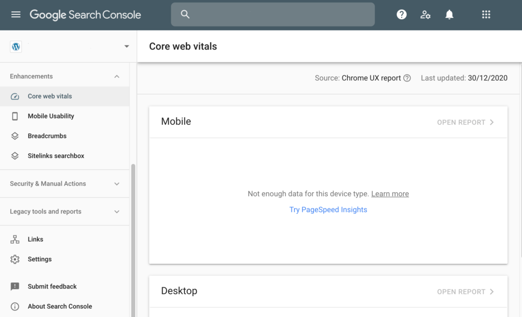 The Google Core Web Vitals dashboard.