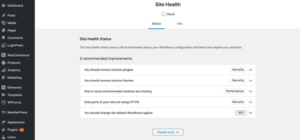 The WordPress Site Health Check dashboard.