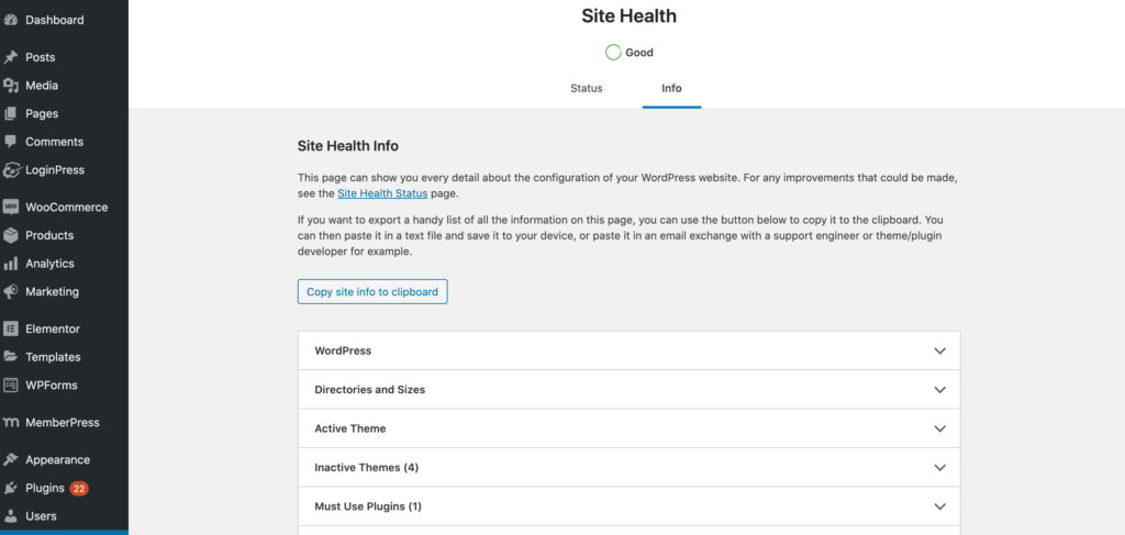 Configuration information, displayed as part of the Site Health Check dashboard. 