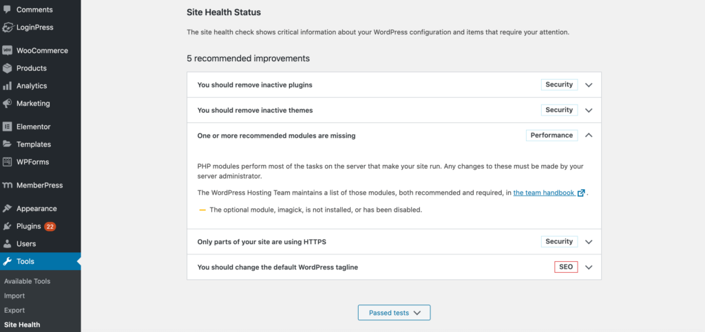 The WordPress Site Health Check status information. 