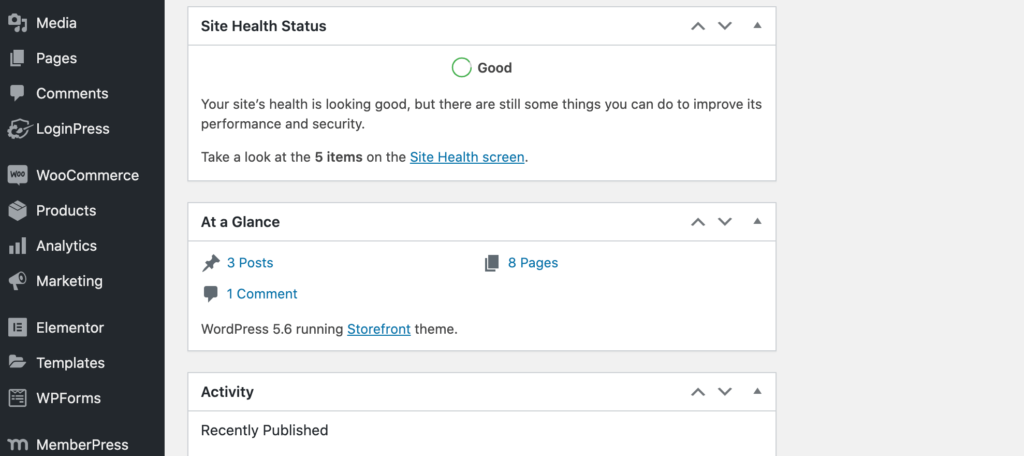 The WordPress Site Health Check widget.