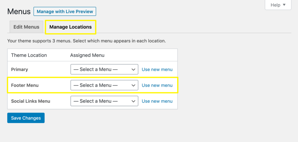 The WordPress menu locations settings.