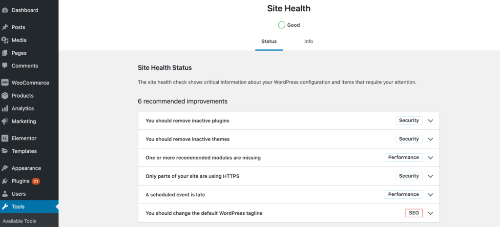 WordPress' Site Health screen. 
