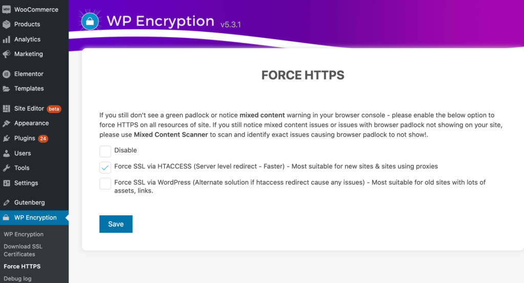 Creating a HTTPs redirect using the WP Encryption tool.