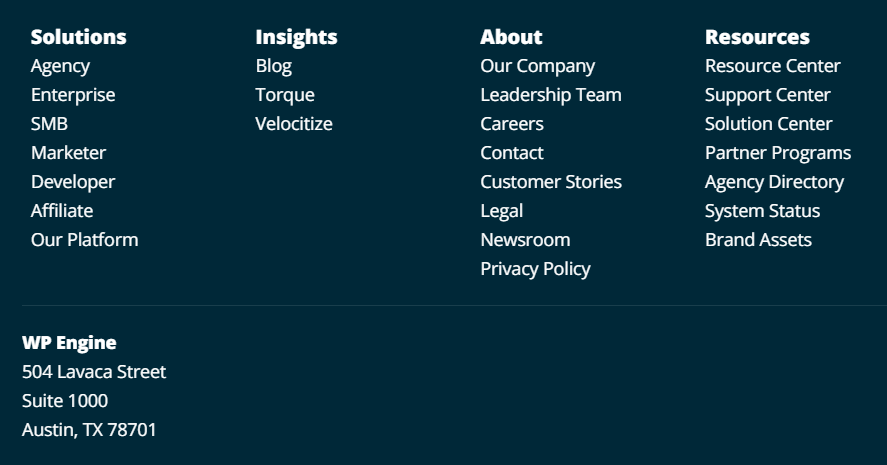 Contact information and physical address for WP Engine in the website footer.