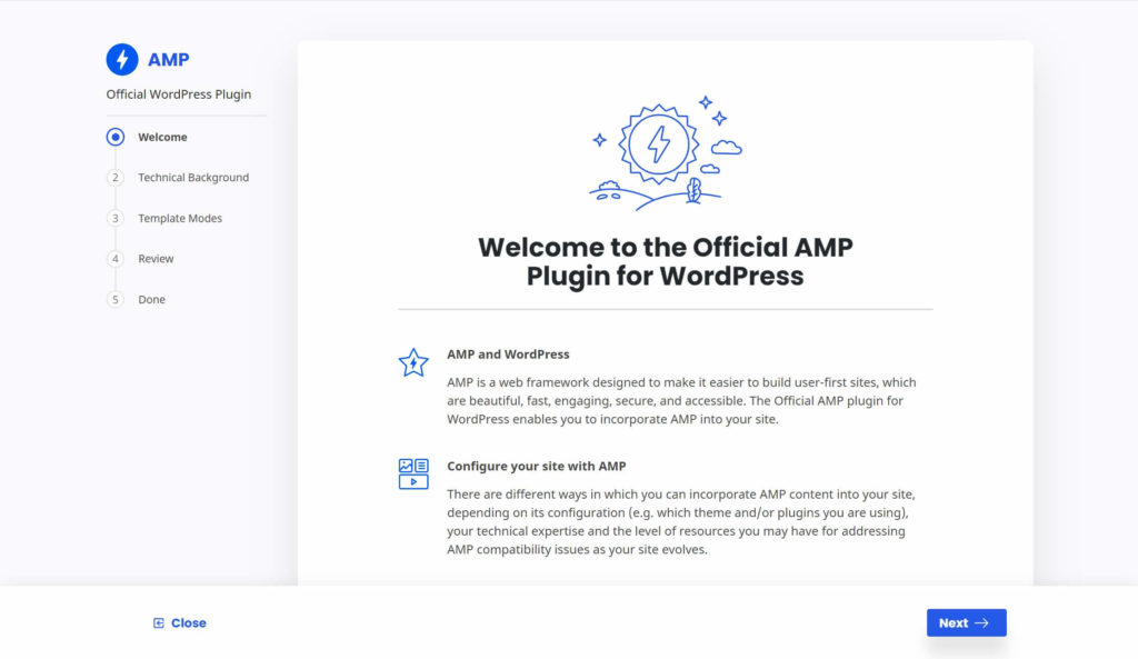 The AMP for WordPress onboarding wizard.