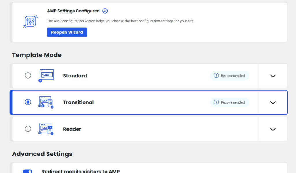 The AMP for WordPress settings pane.