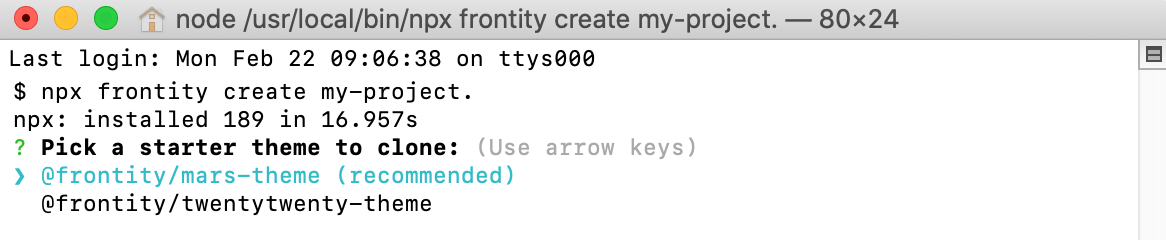 Frontity commands in a macOS Terminal window.