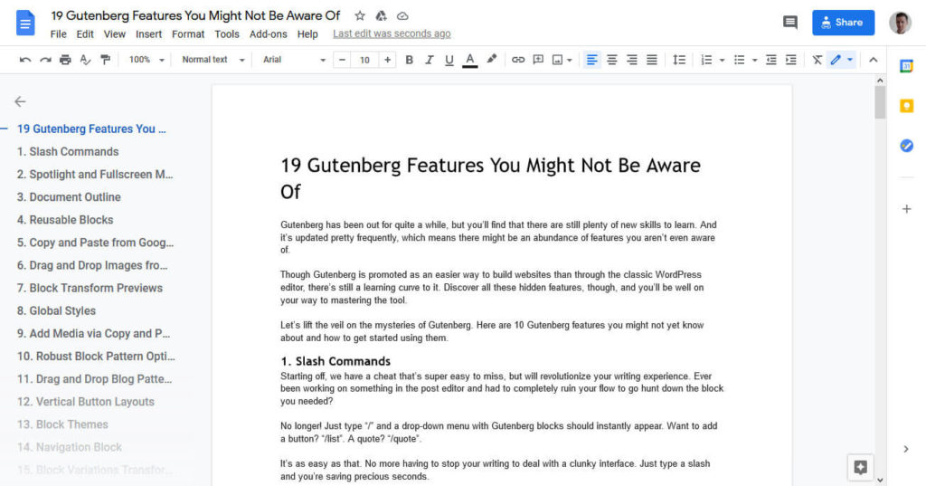 gutenberg features insert content from google docs
