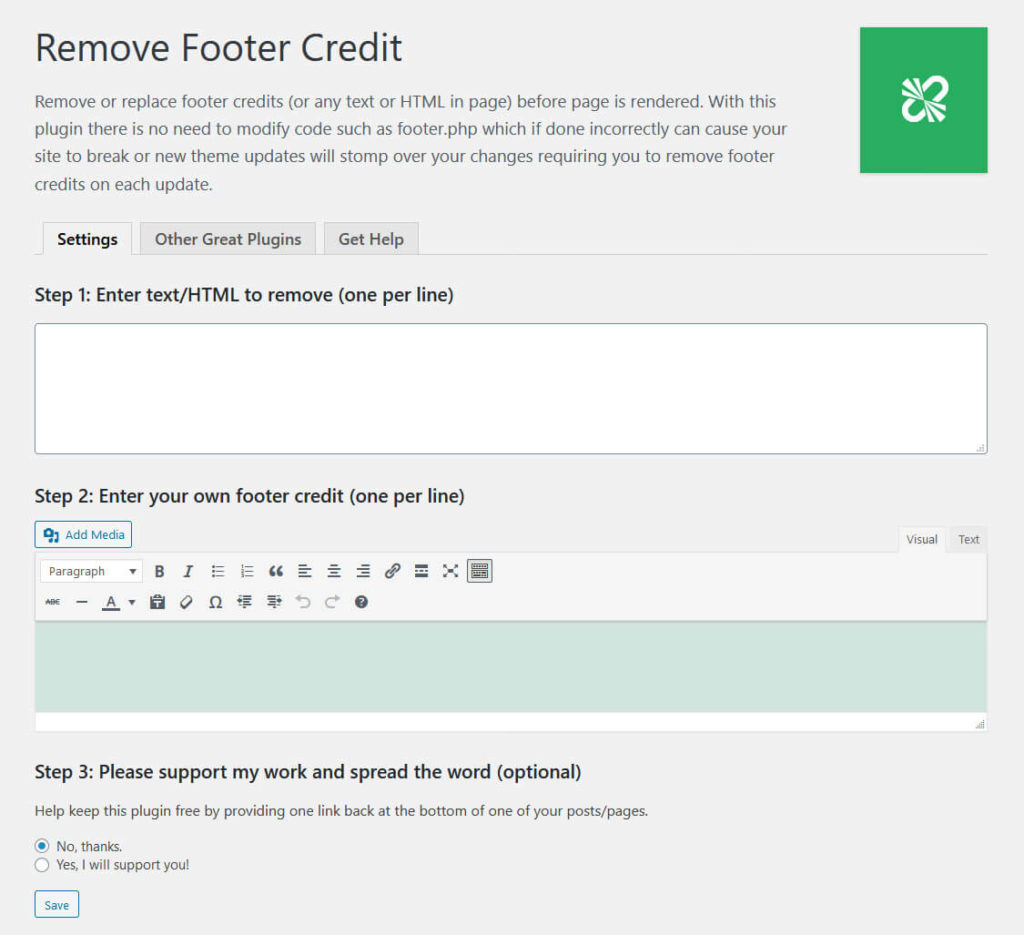 remove footer credit plugin settings