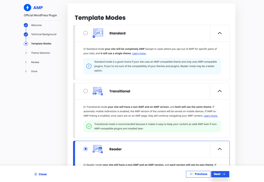Choosing a template mode in AMP for WordPress.