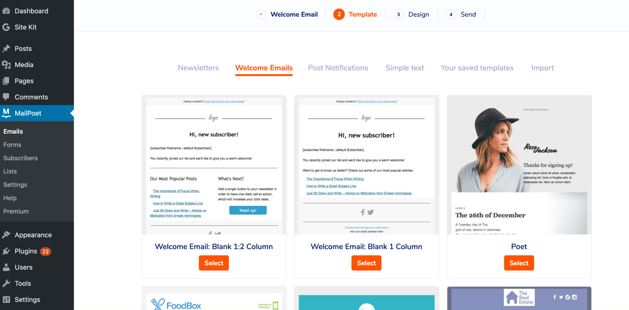 Welcome email templates in the MailPoet dashboard. 