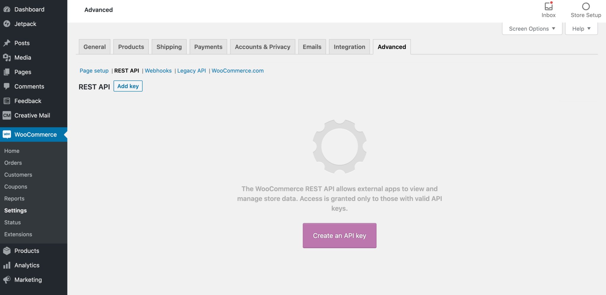 The WooCommerce REST API dashboard.