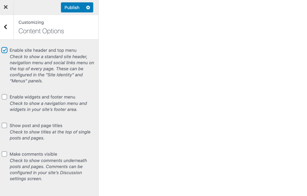 The WordPress Customizer Content Options menu.