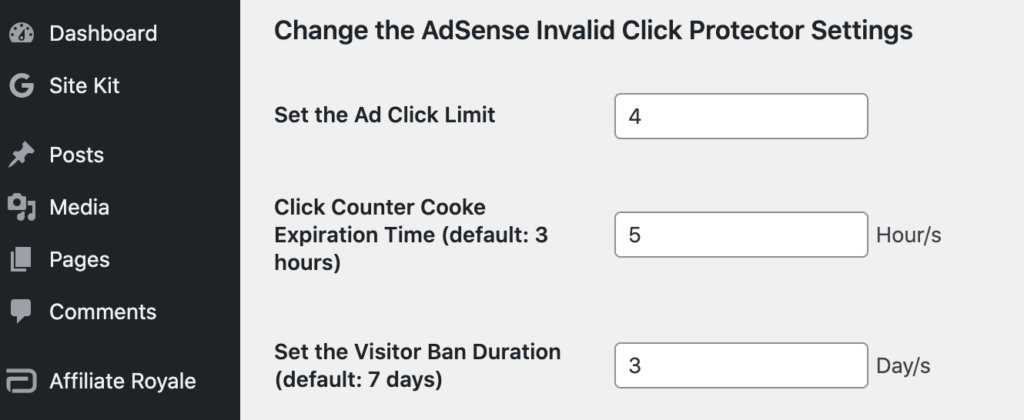 The Google AdSense AICP click limit settings.