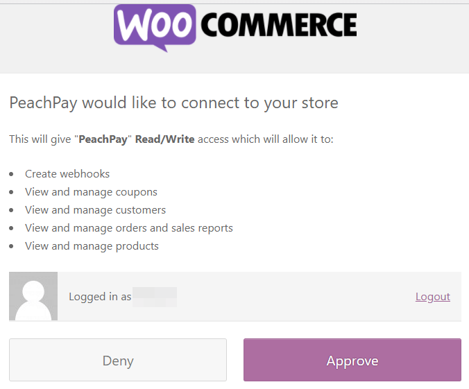 Approving the PeachPay WooCommerce connection.