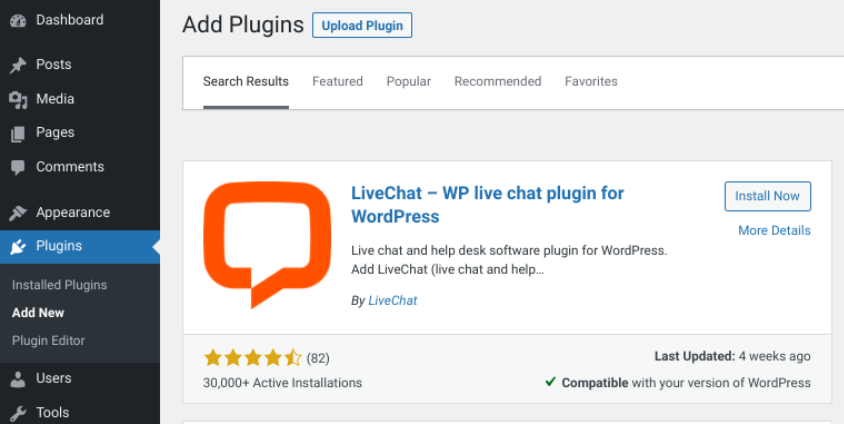 The option to install the LiveChat plugin in WordPress.