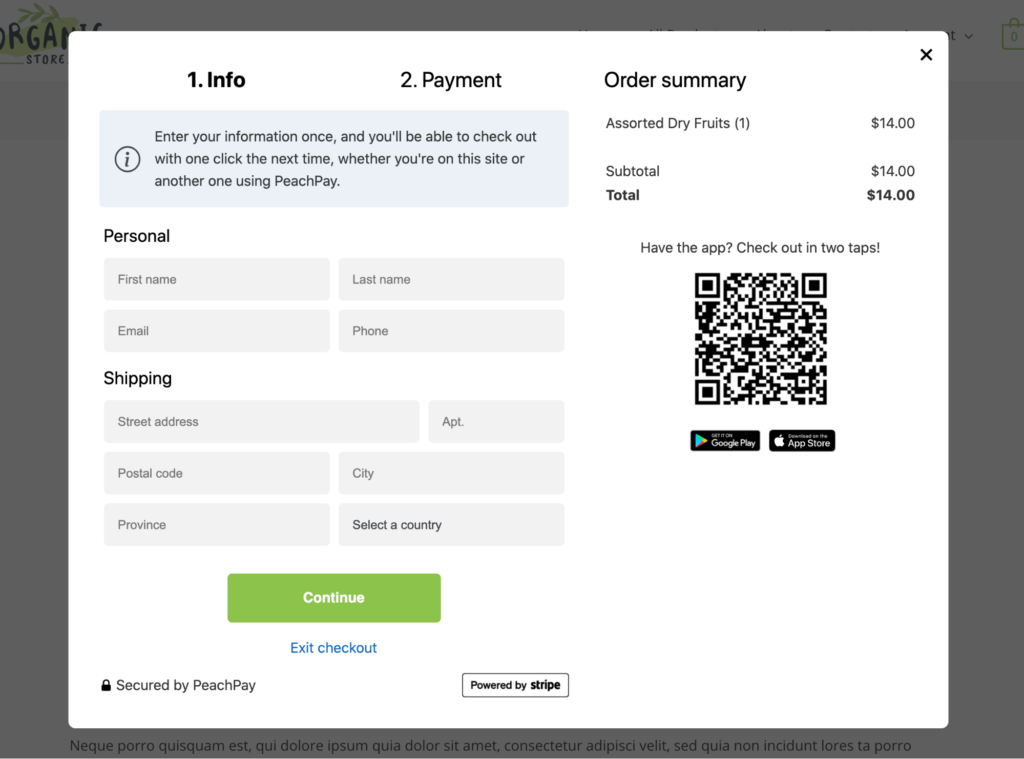 The checkout form for first-time PeachPay users.