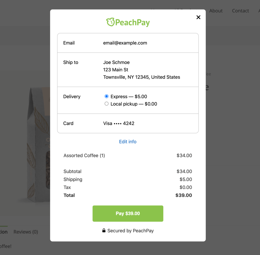 The confirmation screen for PeachPay one-click checkout.