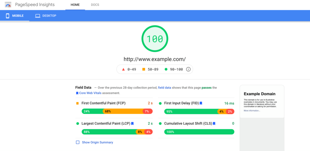 The Google PageSpeed Insights results page. 