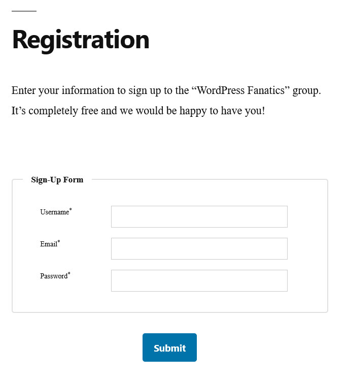 registration form on page