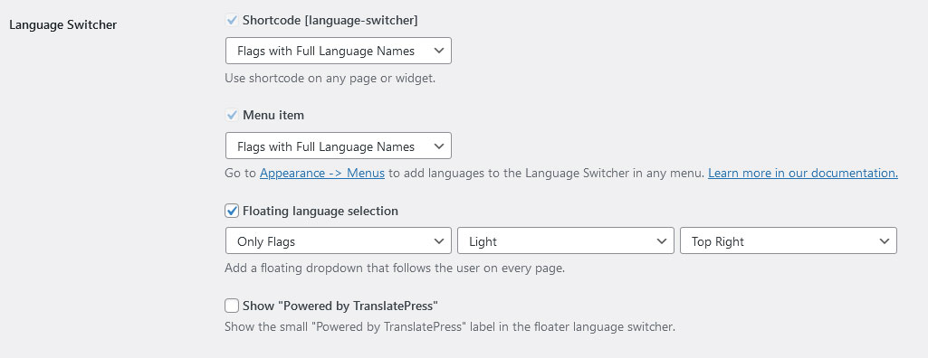 translatepress language switcher options