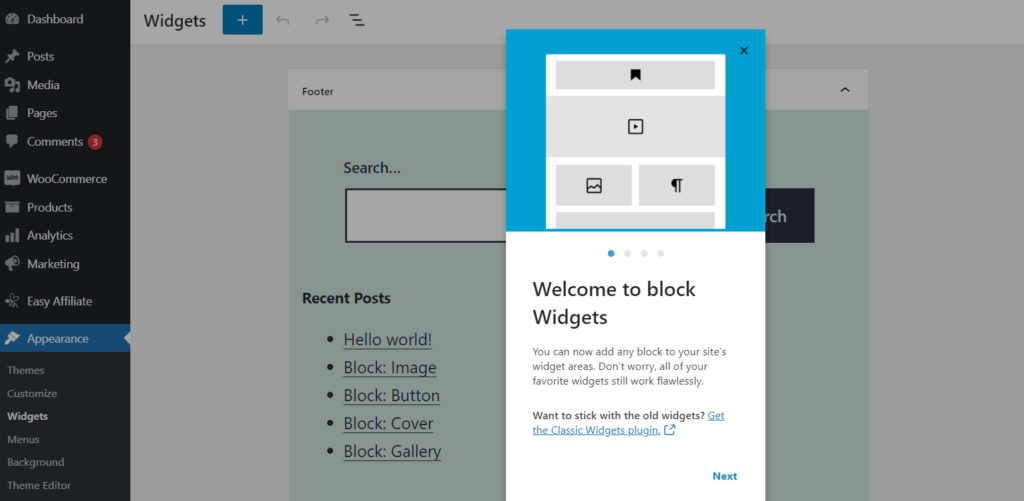 The WordPress 5.8 block widgets dashboard