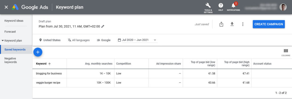 check search volume for topics in google keyword planner
