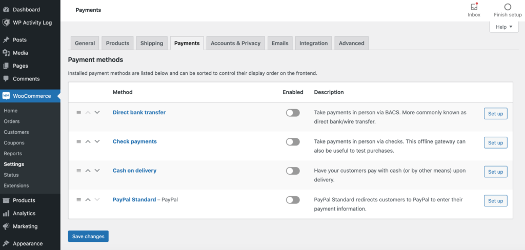 WooCommerce's payment settings.