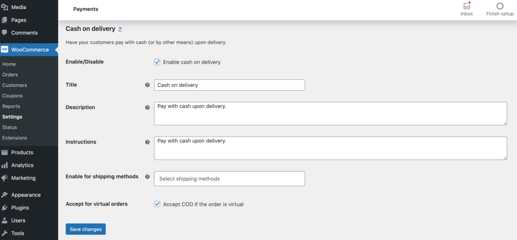 WooCommerce's Cash On Delivery settings.