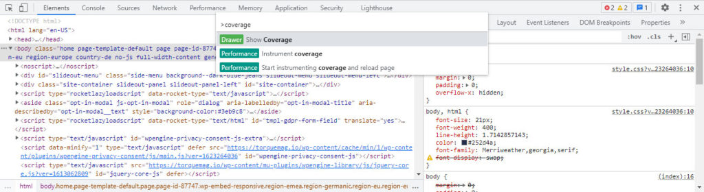 Reduced unused JavaScript and CSS: open coverage via chrome developer tools command line