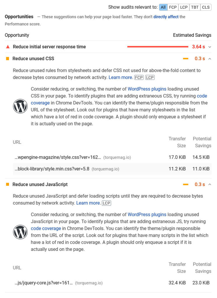 pagespeed insights shows which wordpress files contain unused css and javascript