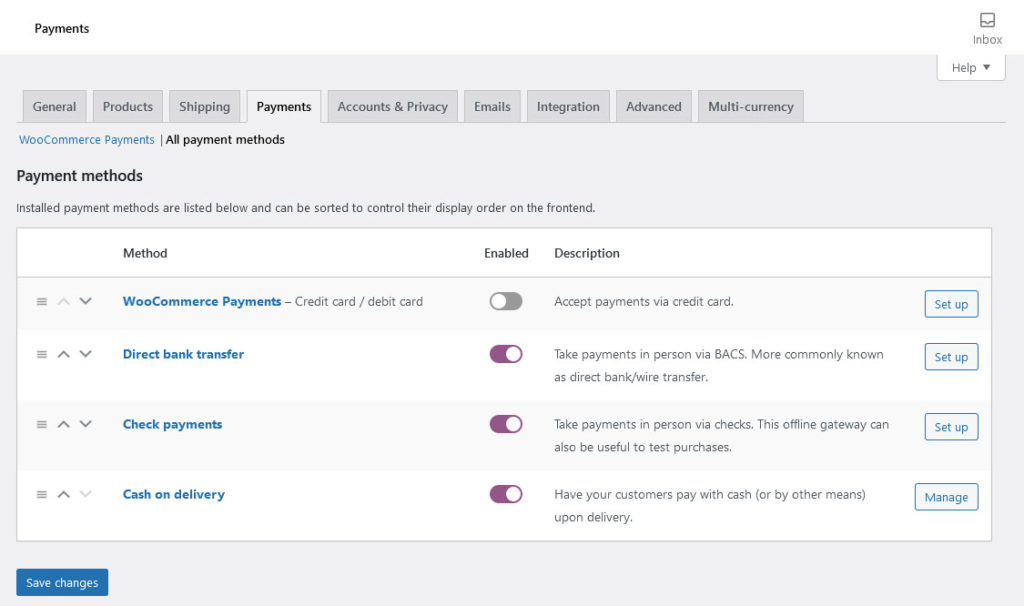 settings payments