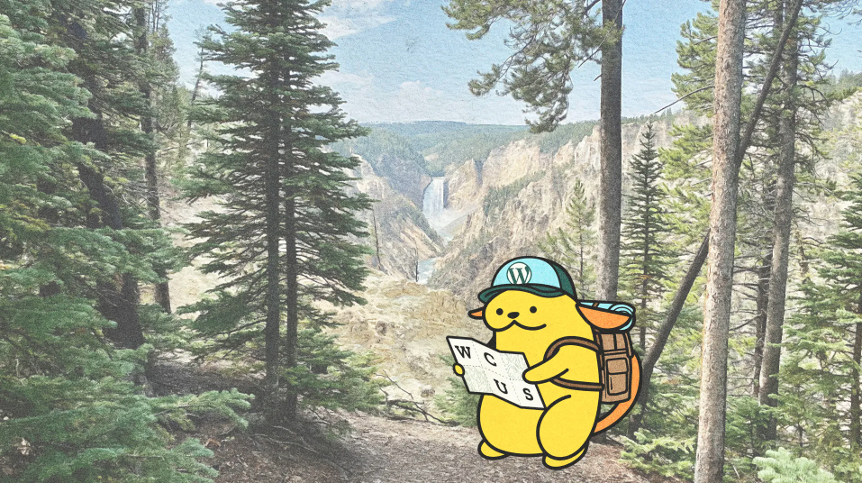 WordCamp US Wapuu with backpack, hat and map in the woods