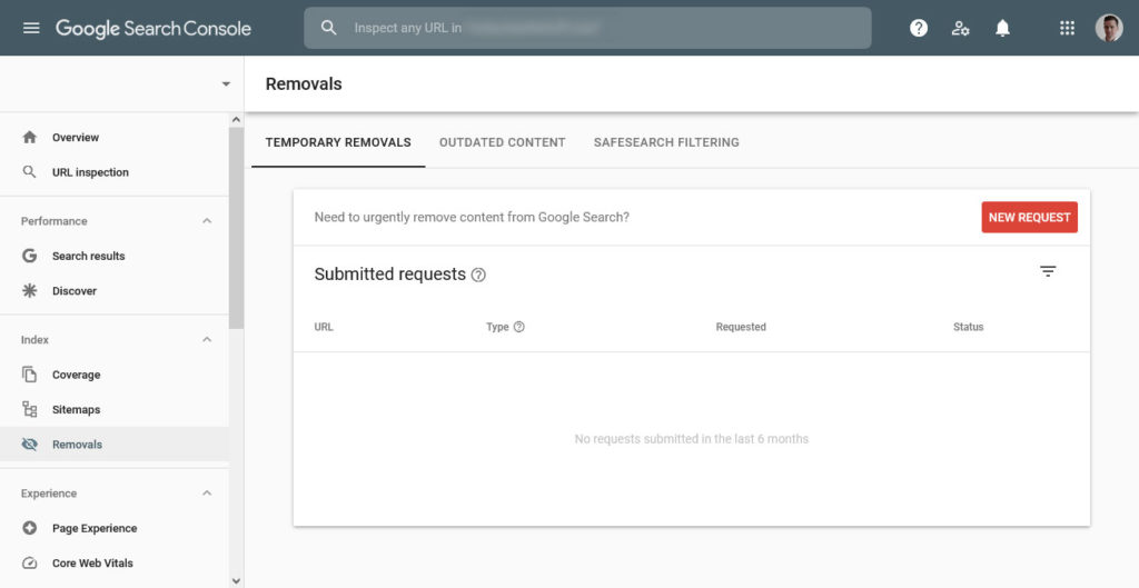 removals panel in google search console