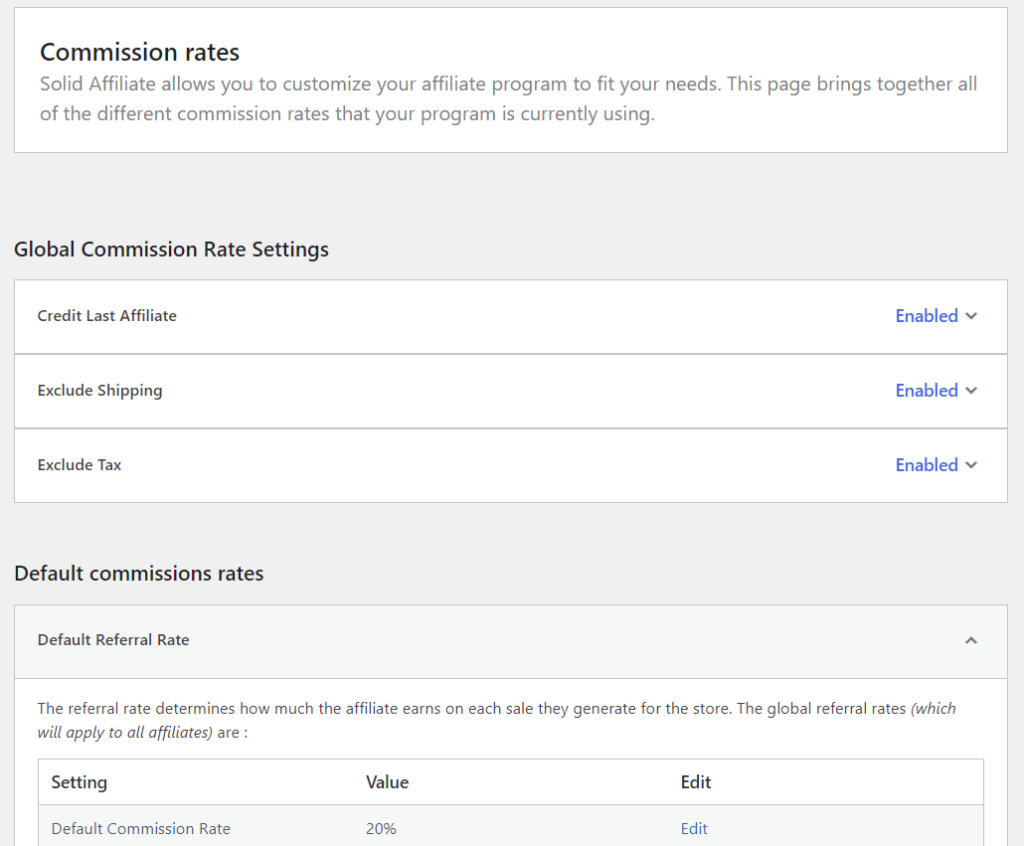 Setting commission rates with the Solid Affiliate plugin.