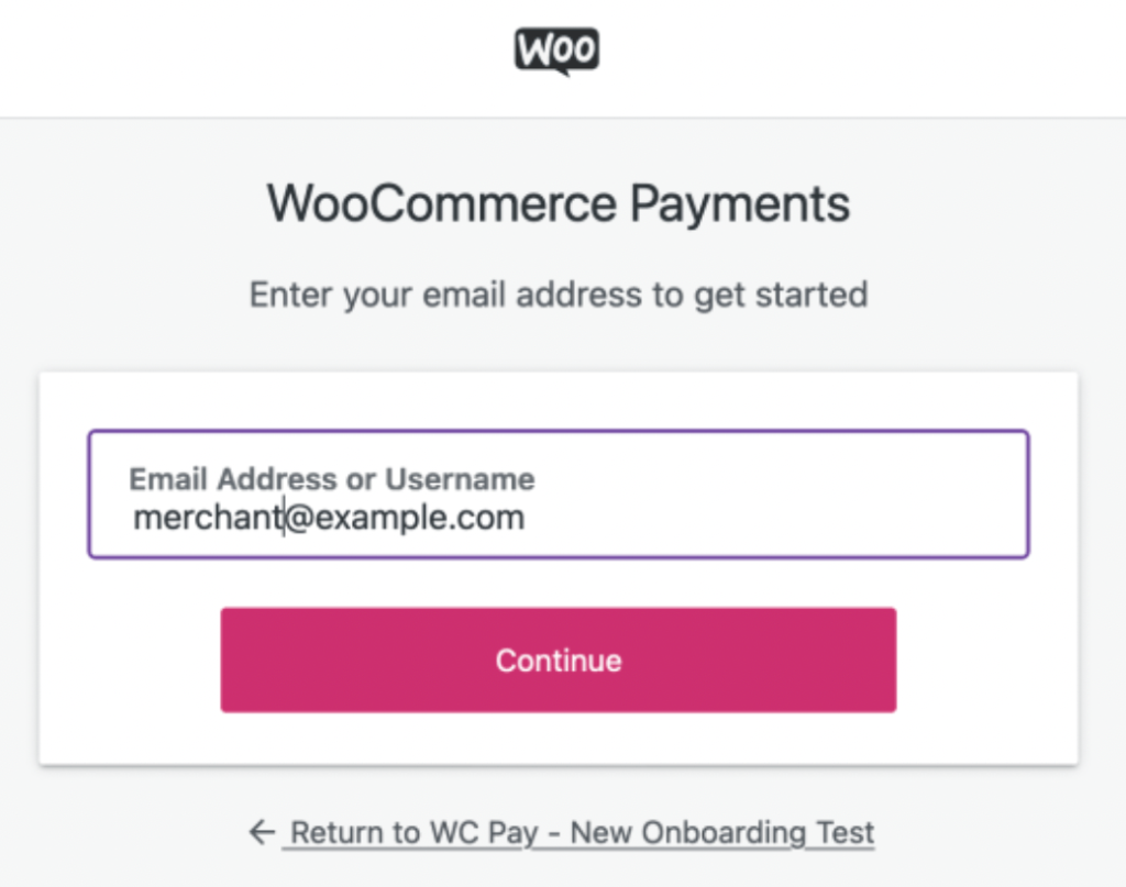 WooCommerce Payments connect website form.