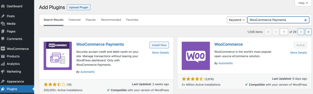 Add Plugins page on WordPress Admin. A search for Woocommerce Payments.