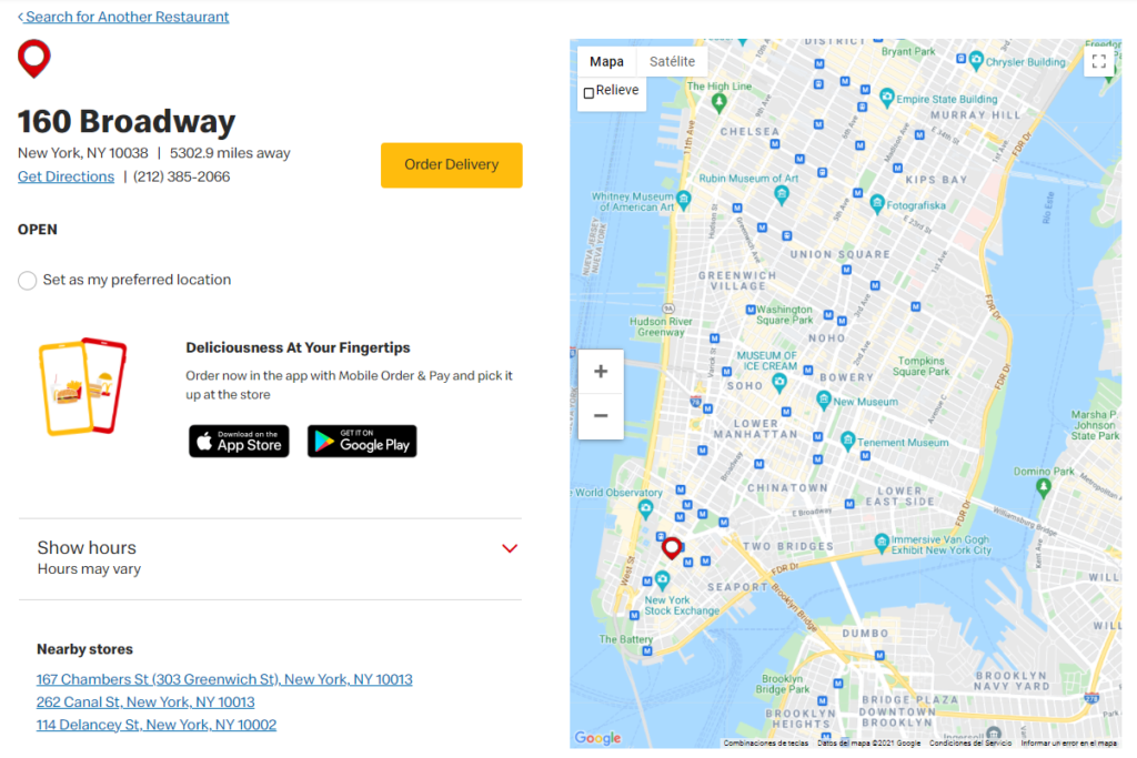 An example of a business location page