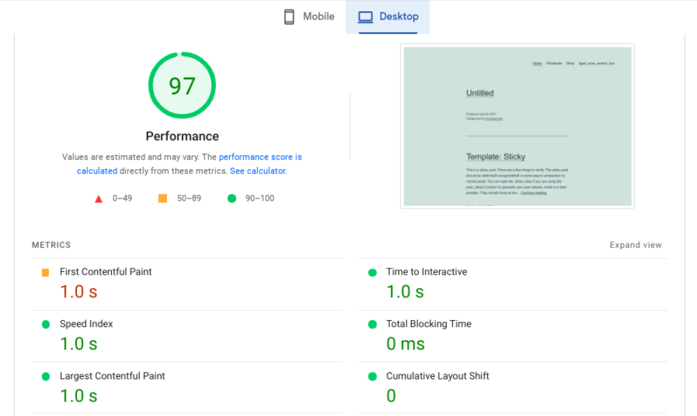 A PageSpeed Insights report.