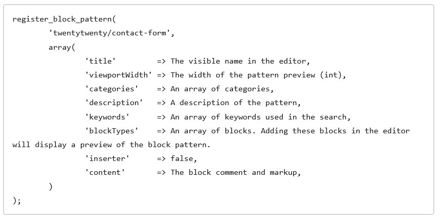 create wordpress block pattern code example