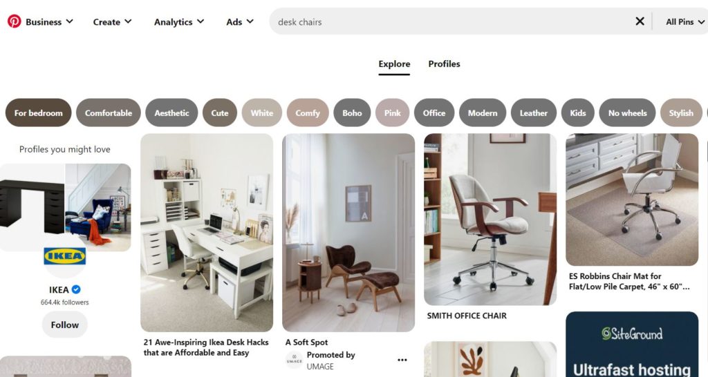 Example of product results in Pinterest