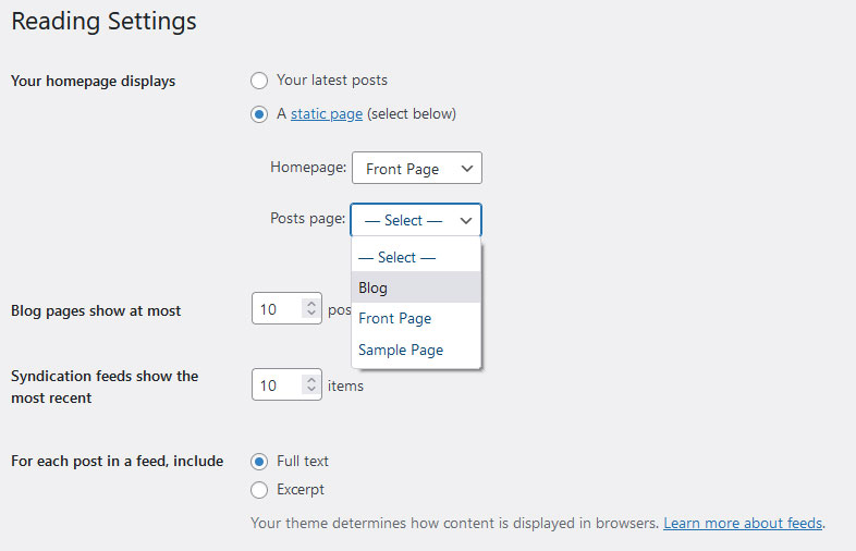 set up business blogging page in wordpress reading settings